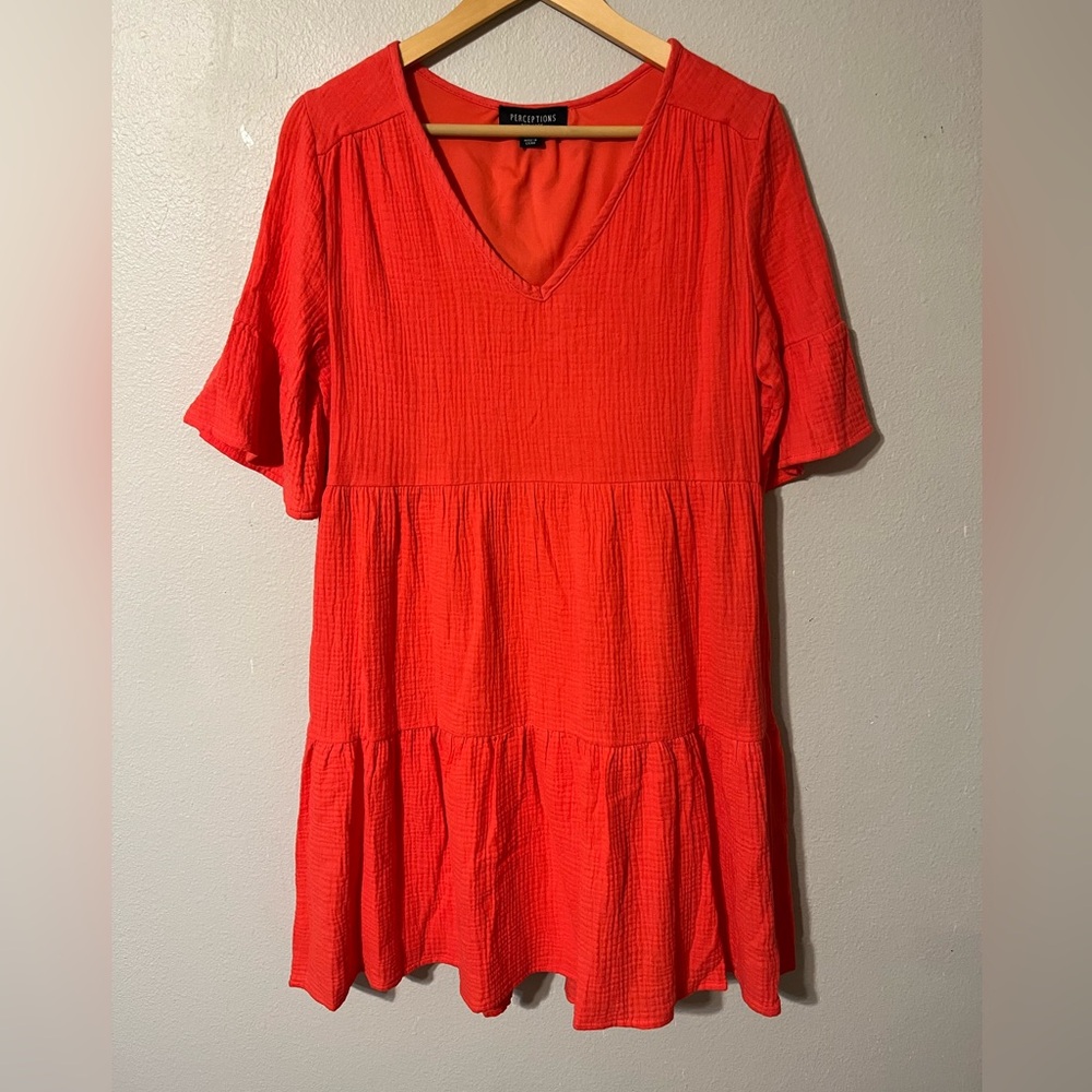 Perception Women's Short Sleeve Tiered Gauze Dress Coral V-neck 100% Cotton SzXL